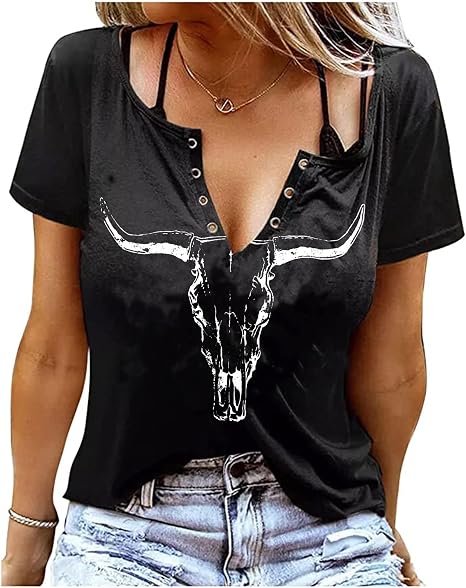 Retro Western Cowboy Shirt Women Country Music Cute Cattle Skull Graphic Concert Outfit Tops - skull tshirt