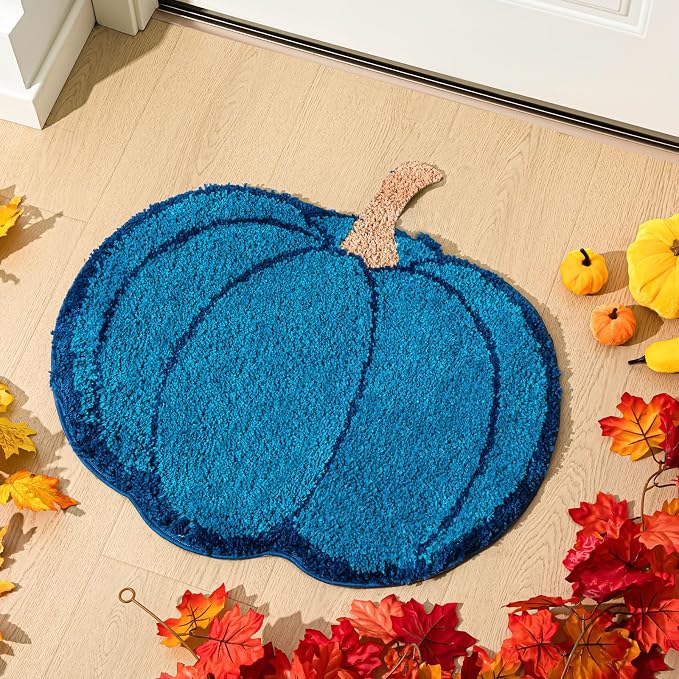 Blue Fall Pumpkin Rug Bathroom Decor Mat Halloween Large Plush Bath Rug - skull toilet mat