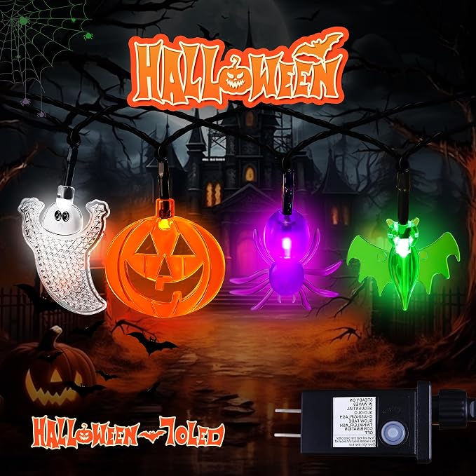RECESKY 70 LED Pumpkin Bat Spider Ghost String Lights - 22.6ft Orange Green Purple White Halloween String Lights with Timing Function, Connectable Lighting for Yard House Party Halloween Decorations - string light