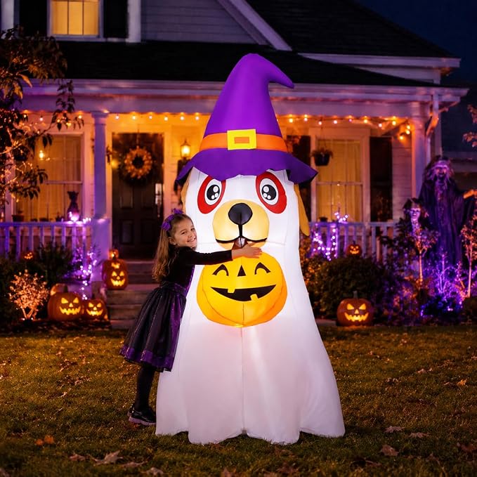 GOOSH 6.2 FT Halloween Inflatables Dog Outdoor Decorations Blow Up Yard Cute Puppy Ghost with Pumpkin with Built-in LEDs for Indoor Party Garden Lawn Holiday Decor - skull inflatable