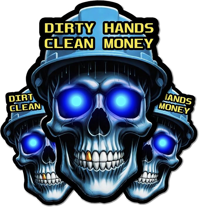 Dirty Hands Make Clean Money Reflective Skull Hard Hat Stickers, Decal for Toolboxes, Helmets - Funny Design for Mechanics, Adults, Electricians, Construction, Welders, Gifts for Blue Collar Workers - skull sticker
