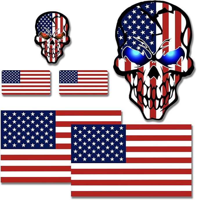 6pcs Reflective American Flag Stickers, USA Flag Skull Decal, Car Stickers for Motorcycle Trucks (3 Pack, 5"" x 3""), Hard Hat Stickers (3 Pack, 2"" x 1""), Red - skull sticker