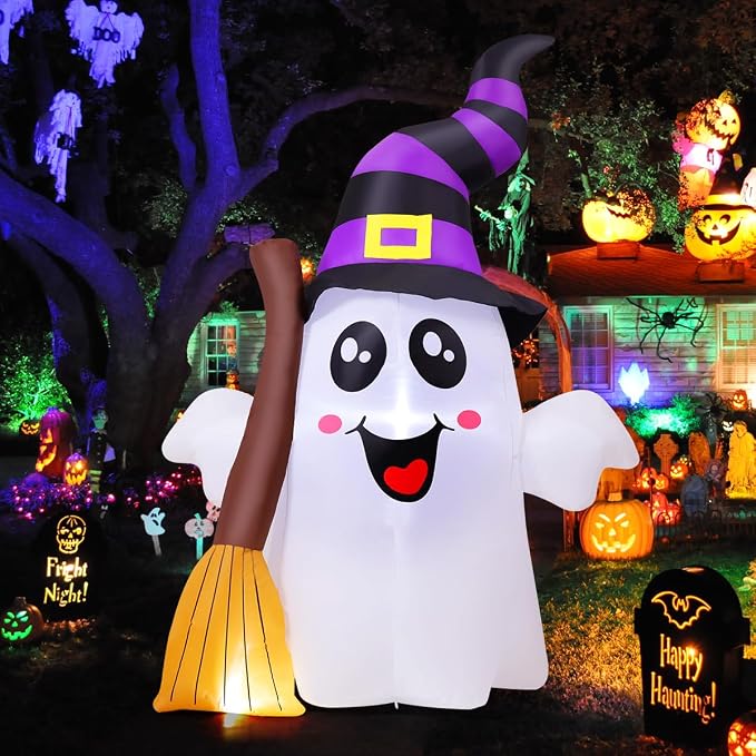 GOOSH 6.2 FT Halloween Inflatables Ghost Outdoor Decorations Blow Up Yard Cute Ghost Holding Broom with Built-in LEDs for Garden Lawn Indoor Party Decor - skull inflatable