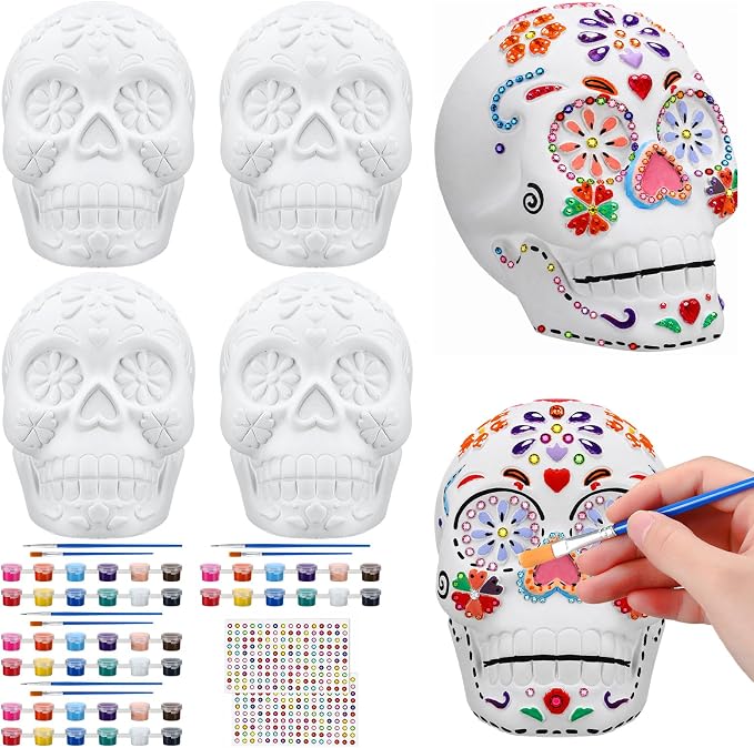 4 Pcs Halloween Skull Ceramic to Paint, DIY Unpainted Ceramic Sugar Skulls - skull figurine