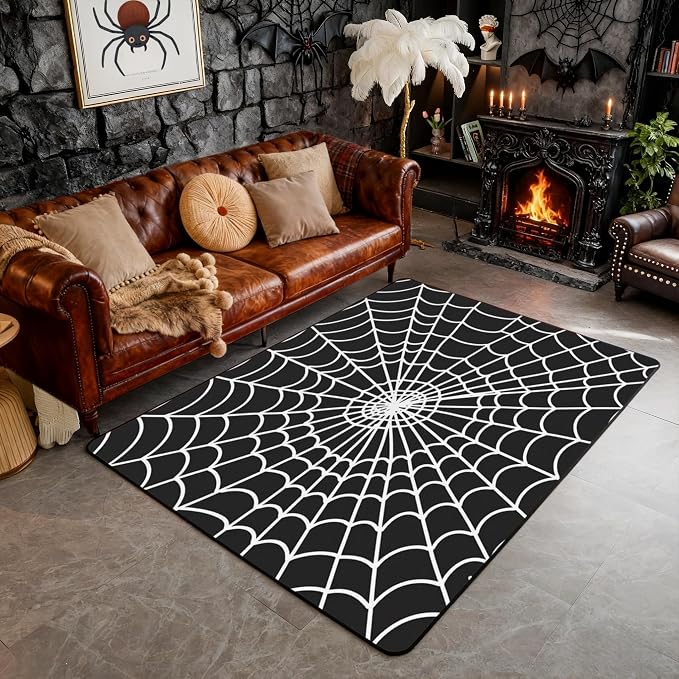 Castle Fairy Happy Halloween Area Rug 3'x5'x0.39'',Black White Abstract Spider Web Indoor Floor Mat for Playroom Bedside Sofa Bedroom,Gothic Spider Geometric Lines Non Slip Decorative Rug - skull carpet