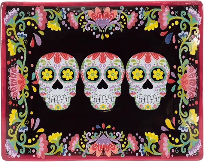 Boston International Ceramic Plate Day of the Dead Rectangular Serving Dish, 10" x 8", No Vida Cantina - skull plate