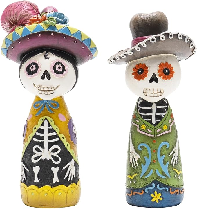 2 Pcs Day of The Dead Figurines, Sugar Skull Ofrenda Decorations - skull figurine