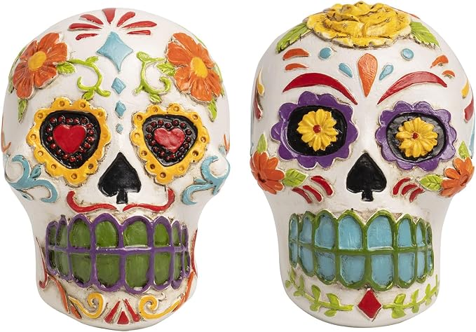 2 Pcs Sugar Skulls Figurines, Day of The Dead Ofrenda Decorations - skull candle