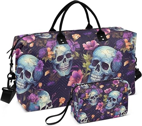 ALAZA Skull and Flowers Travel Duffel Bag Gym Bag Sports Tote Bag Weekender Overnight Travel Bag for Women Men Business Trip Workout - skull suitcase