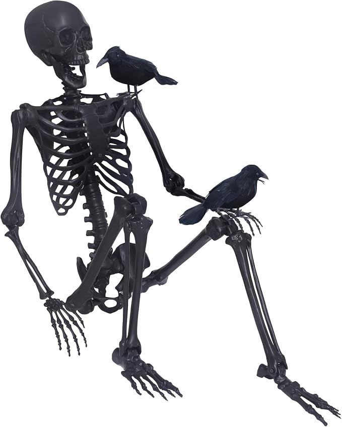 5.4Ft Halloween Skeleton,Posable Skeleton Full Size Skeleton with Movable Joints and 2PC Black Feathered Crows for Halloween Decorations Outside and Inside - skeleton