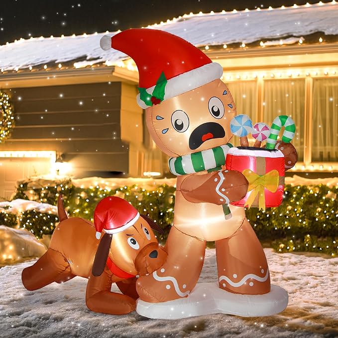 5FT Christmas Inflatable Gingerbread Man & Dog Outdoor Decoration, Christmas Funny Blow Up Yard Decoration, Built-in LED Lights Inflatables Xmas Holiday Décor for Indoor Lawn Garden - skull inflatable