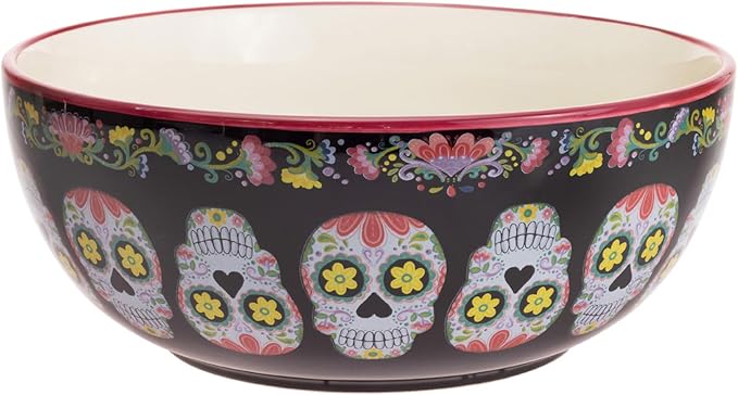 Boston International Ceramic Bowl Day of the Dead Serving Dish, Large/8 Cups, No Vida Cantina - skull plate