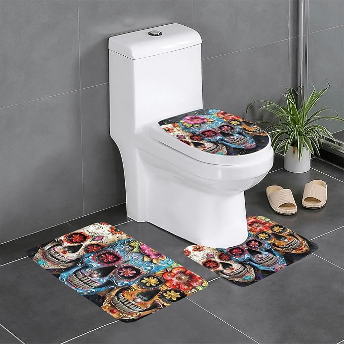 MyPiky Sugar Skulls Print 3 Piece Bathroom Rugs Set,Bath Mat and Toilet Mat and Toilet Lid Cover for Home Decorative - skull toilet paper