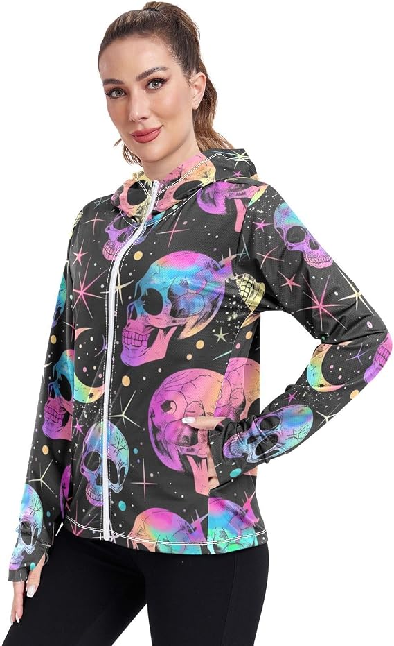 senya Women's Sun Protection Shirt Mermaid Scales Flower Leopard Long Sleeve Hoodie Jacket Summer - skull jacket