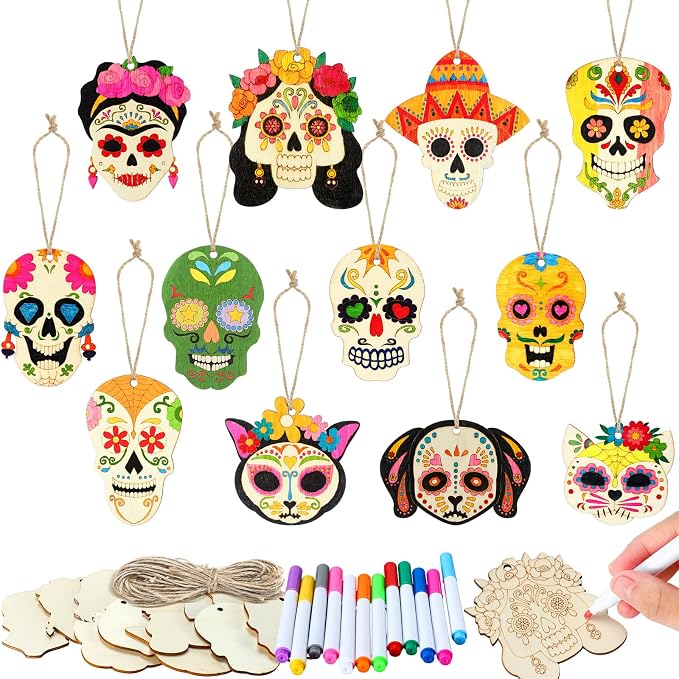 Colingmill 60 Pcs Sugar Skull Wooden Craft Kit, DIY Day of The Dead Supply