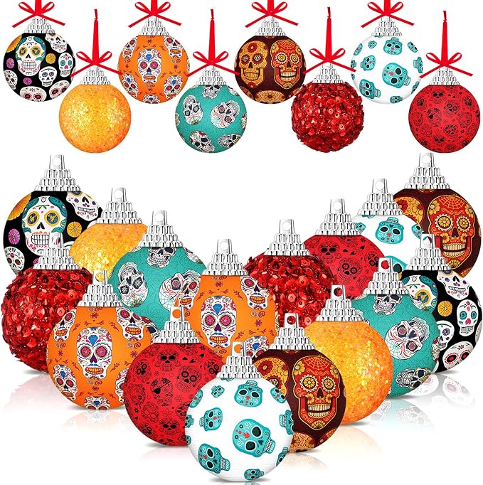 Lenwen 16 Pcs Day of the Dead Ball Ornaments 1.57 Inch - sugar skull ornament