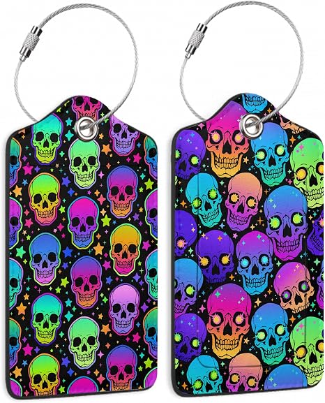 Neon Bright Human Skulls 2 PCS Luggage Tags, Privacy Cover ID Label with Stainless Steel Loop and Address Card for Travel Bag Suitcase - skull suitcase