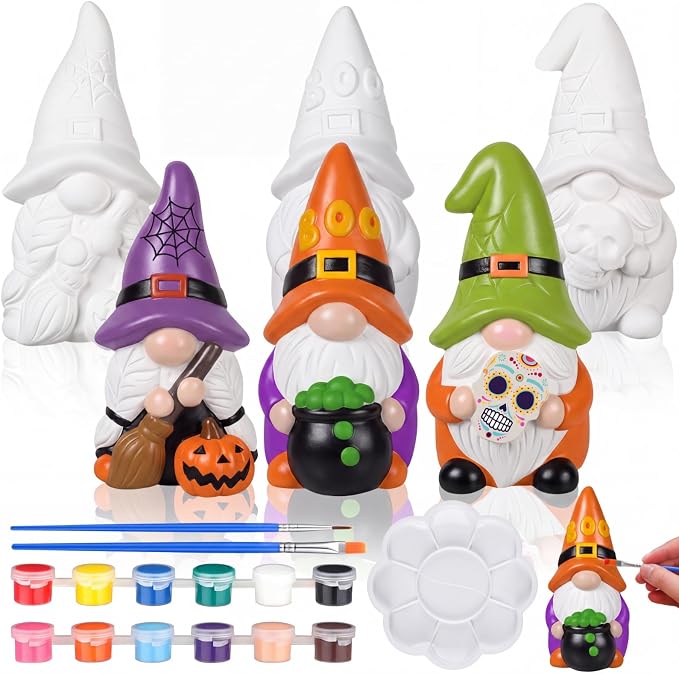 Youyole 3 Pack Gnome Figurines, Halloween DIY Ceramic to Paint Craft Kit - skull painting