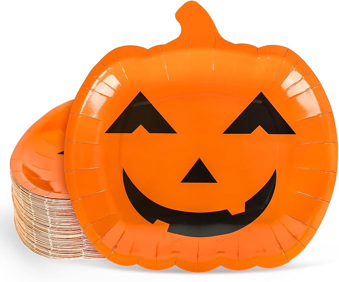 Whaline 40Pcs Halloween Paper Plates Orange Pumpkin Face Disposable Plates 9 Inch Grimace Pumpkin Decorative Plate for Halloween Birthday Holiday Table Decor Party Supplies - skull plate