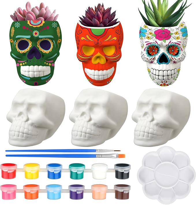 Beeveer 6 Sets Halloween Crafts for Adults Skull to Paint Skeleton Plante - skull figurine