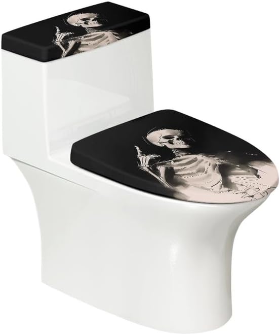 Black White Skull 2 Pieces Toilet Lid Cover Sets Hand Draw Skull Toilet Lid Tank Lid Dust Cover Funny Gothic Skeleton Universal Fit Toilet Covers Bathroom Decor - skull toilet mat