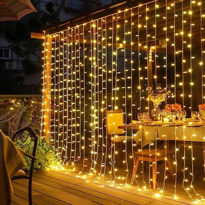 Dazzle Bright 300 LED Curtain Lights, Plug in Fairy Curtain Lights for Bedroom, Christmas Hanging String Lights Outdoor for Window Backdrop Wall Wedding Patio Indoor Dorm Party Decor, Warm White - string light