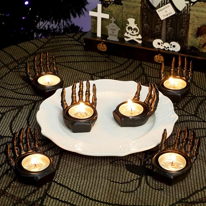 FORUP 6 Pack Skeleton Hand Tea Light Candle Holders, Halloween Candle Holder, Halloween Home Table Decoration, Black - skull candle