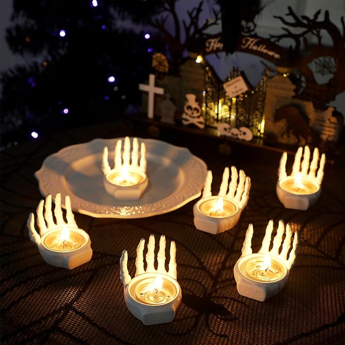 FORUP 6 Pack Skeleton Hand Tea Light Candle Holders, Halloween Candle Holder, Halloween Home Table Decoration, Dia.1.57", White - skull candle