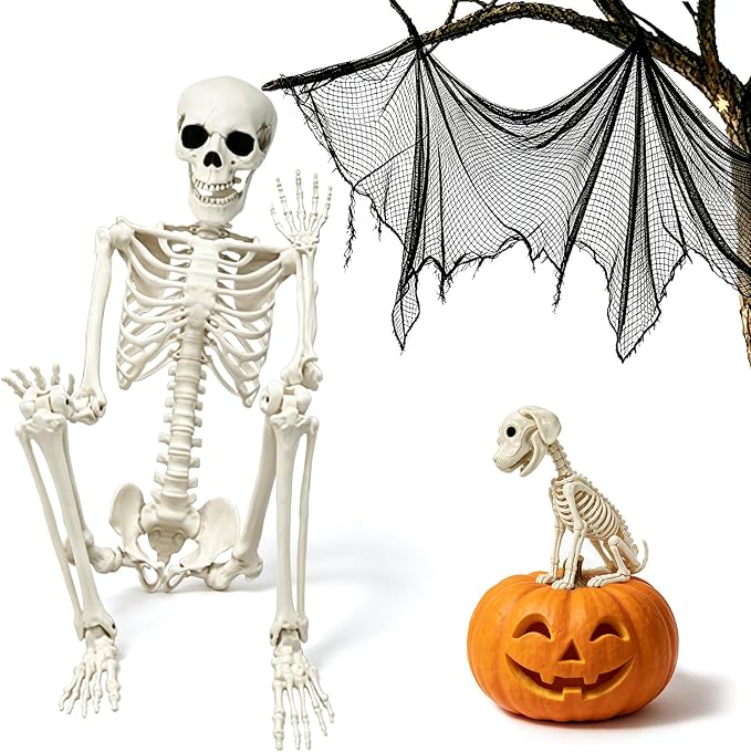 LUKBERA 5.9ft Posable Halloween Life Size Skeleton with Dog & Creepy Cloth - skeleton
