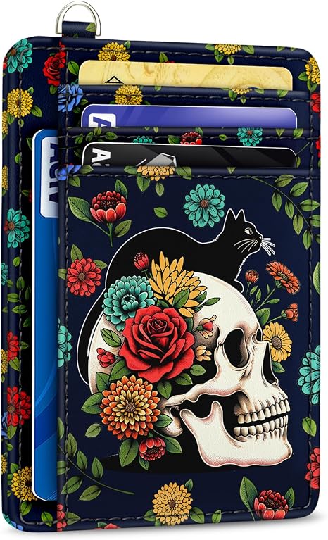 Yonlevres Cat Skull Credit Card Holder Slim RFID Wallet Women Small Travel