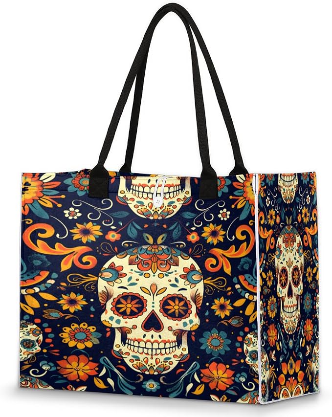 Pardick Tote Bag For Women Travel Bag Reusable Grocery Bag Sugar Skull Utility Tote For Work Shopping Pool Beach Bag for Gift Outdoor