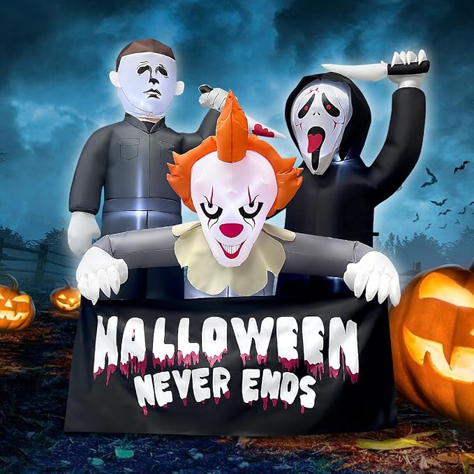 6FT Halloween Inflatable Killer Trio, LED Blow Up Outdoor Decorations - skull inflatable