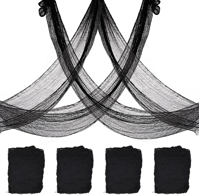 4 Pack Halloween Creepy Cloth Decorations, 30X72 Inch Black Scary Halloween Gauze Cloths, Spooky Cloth for Haunted House, Outdoor Patio, Garden, Halloween Indoor Wall Windows Black Cheesecloth Decor - string light