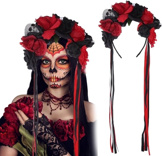 Mexican Flower Headband Day of the Dead Rose Floral Crown Headpiece for Women Girls Halloween Costume Bridal Cosplay (Black Red) - skull headband