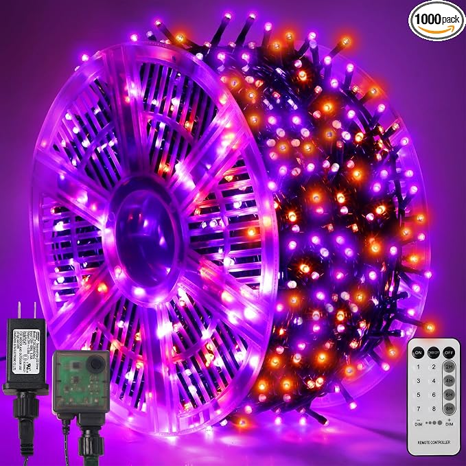 WATERGLIDE 1000 LED Halloween String Lights, 328 FT Green Wire LED Decorative Fairy Lights with Remote & 8 Modes, Waterproof for Outdoor Xmas Holiday Party Garden Wedding Home Decor, Orange & Purple - string light