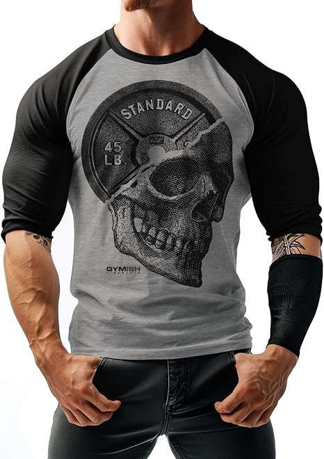 Gymish Lifestyle Skull Plate Raglan Workout T-Shirts for Men 3/4 Sleeve Body Building Shirt - skull plate