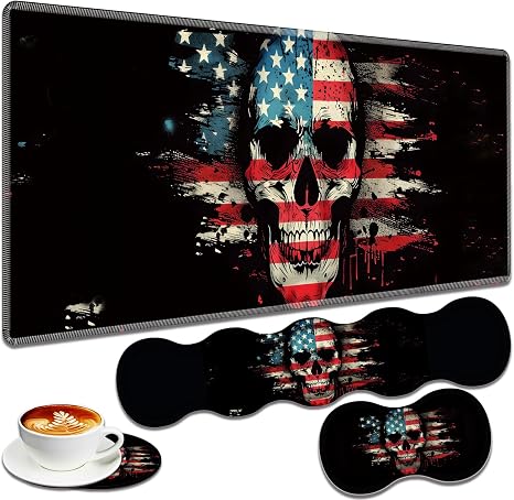 Large Gaming Mouse Pad + Keyboard Wrist Rest + Wrist Support + Coaster Set, Memory Foam Ergonomic for Easy Typing, XXL Extended Gaming Mouse Pad Table Pad - American Flag Skull - skull coaster