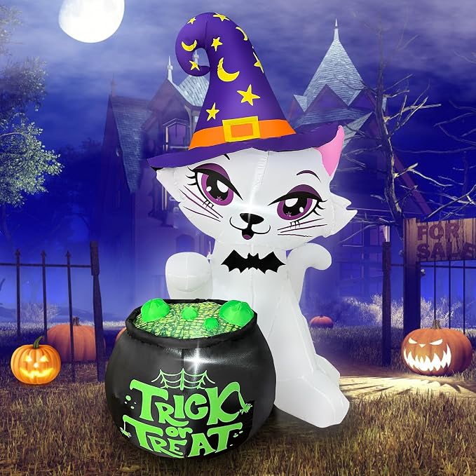 5FT Halloween Inflatable Cat with Witch Cauldron Yard Decor - skull inflatable