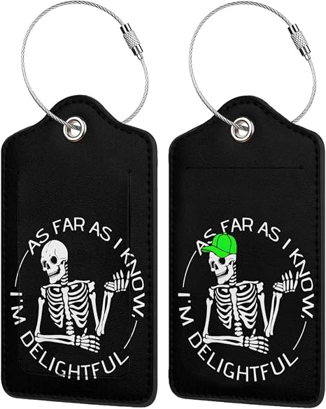 2P Funny Skull Luggage Tags Privacy Cover ID Label with Stainless Steel Loop and Address Card for Travel Bag Suitcase Funny Cute Man Women Kids Horror Terror Skeleton - skull suitcase