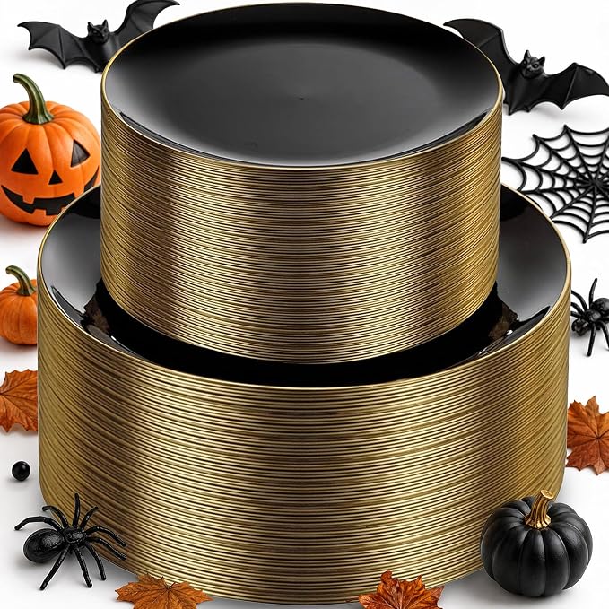 100PCS Black and Gold Plates - Black Plastic Plates Disposable with Gold Rim Include 50Pcs 10.25inch Dinner Plate and 50Pcs 7.5inch Dessert/Salad Plate for Party/Wedding/Halloween/New Year - skull plate