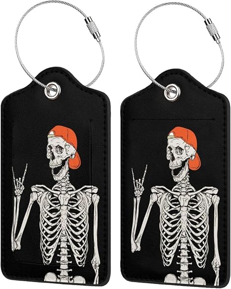 2Pack Funny Skull Luggage Tags Privacy Cover ID Label with Stainless Steel Loop and Address Card for Travel Bag Suitcase Funny Cute Man Women Kids Horror Terror Skeleton - skull suitcase