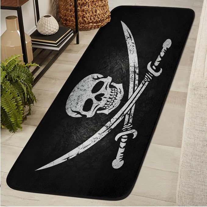 Runner Rug Jolly Roger Pirate Skull Long Area Rugs Grunge Skeleton Carpet - skull floor mat