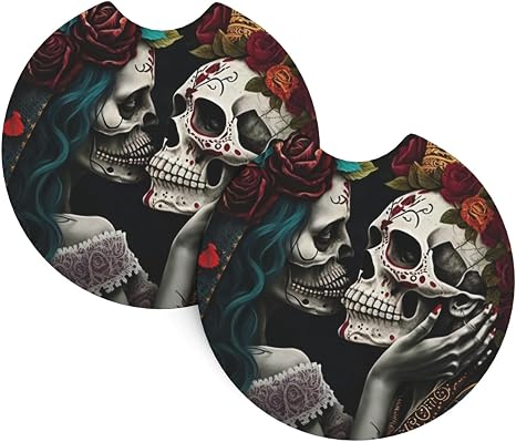 Couple Skull Car Coasters,2 Pack Rubber Pad Universal Non-Slip Car Interior Cupholder Pad Accessories - skull coaster