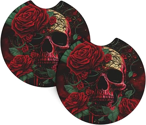 Gothic Rose Blood Skull Car Coasters,2 Pack Rubber Pad Universal Non-Slip Car Interior Cupholder Pad Accessories - skull coaster