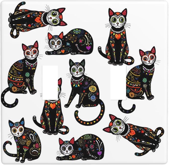 Moslion Black Cats Skull Double Toggle Light Switch Plate Sugar Skull Black Kitten Mexican Day Of The Dead Flower Halloween 2-Gang Wall Plate Device Mount Plug Cover Home Decor Bedroom - skull plate