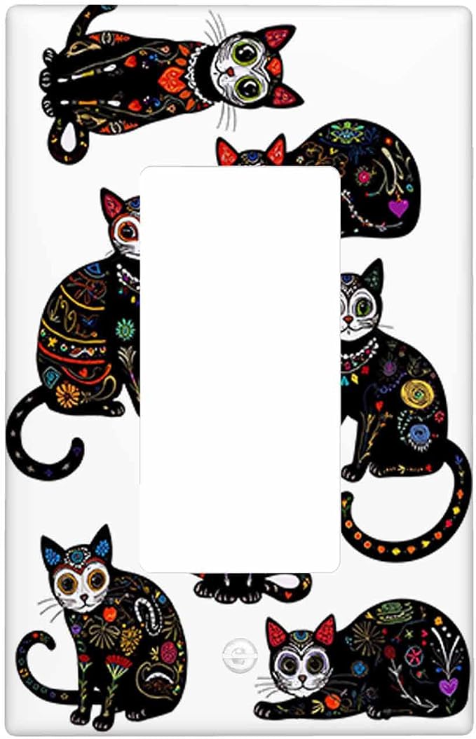 Moslion Black Cats Skull 1 Gang Rocker Wall Plate Sugar Skull Black Kitten Mexican Day Of The Dead Flower Halloween Single Rocker Light Switch Covers Receptacle Bedroom Bathroom Home Decor - skull plate