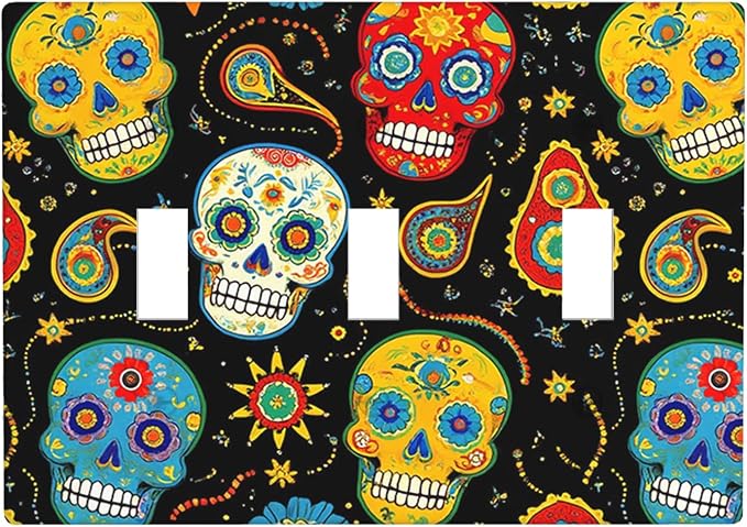 Moslion Skull Halloween 3-Gang Switch Plug Covers Skeleton Head Evil Day Of The Dead Triple Toggle Wall Plate Decor Light Covers for Home Kitchen Bedroom - skull plate
