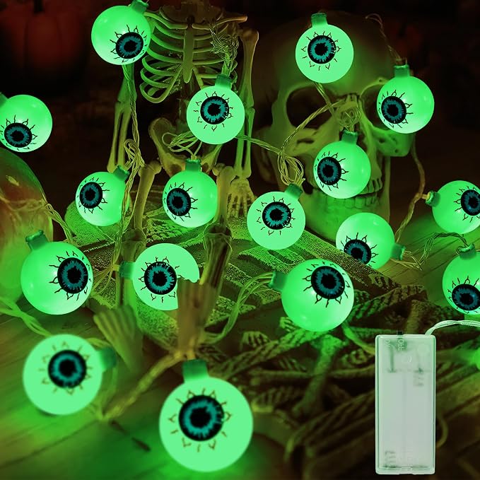 ODEETRONIC 3D Vivid Green Eyeball Halloween String Lights, 7.2 ft, 20 LED - string light