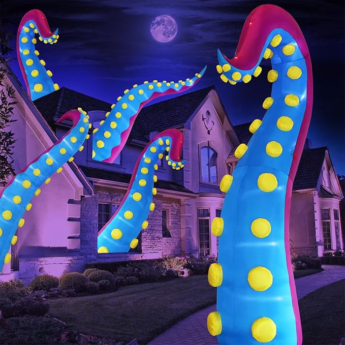 Juegoal 1 PCS Halloween Decorations 11.5FT Tall Inflatable Lighted Giant Octopus Tentacle, Octopus Legs with Lights, Halloween Front Door Window Roof Prop, Outdoor Holiday Blow up Decor – Mold B