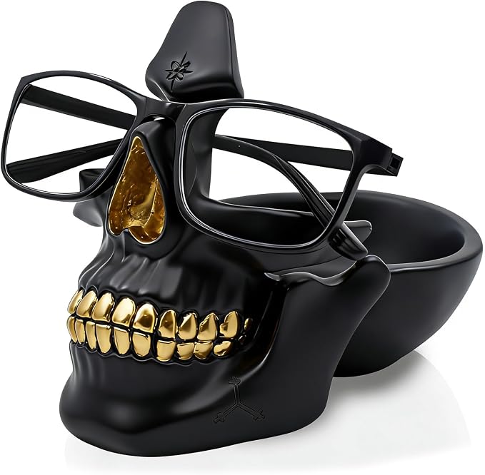 Skull Glasses Holder Stand with Storage Tray , VIPbuy Novelty Eyeglass Holder Rack for Nightstand, Resin Skull Head Sculpture Statue Home Office Desk Decor Gift (Black) - skull figurine